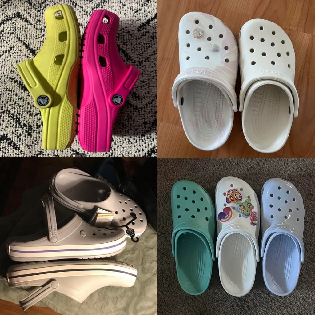 Collage of Crocs shoes